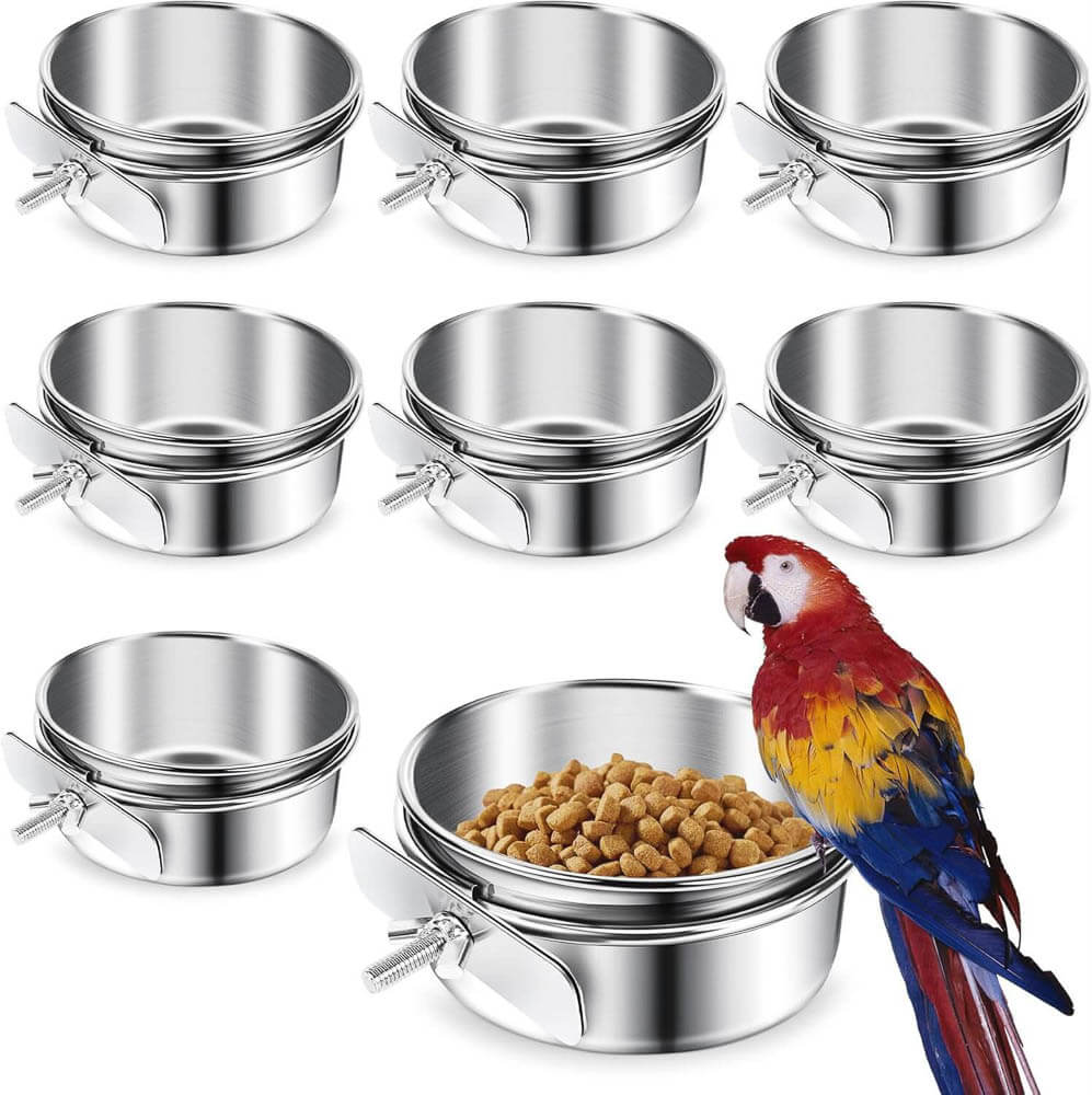 Stainless Steel Clamp-On Cage Bowls Set for Parrots and Aviaries