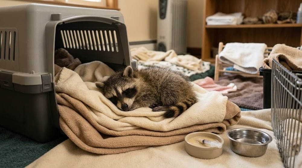 Baby Raccoon Resting in Wildlife Rehabilitation Nursery