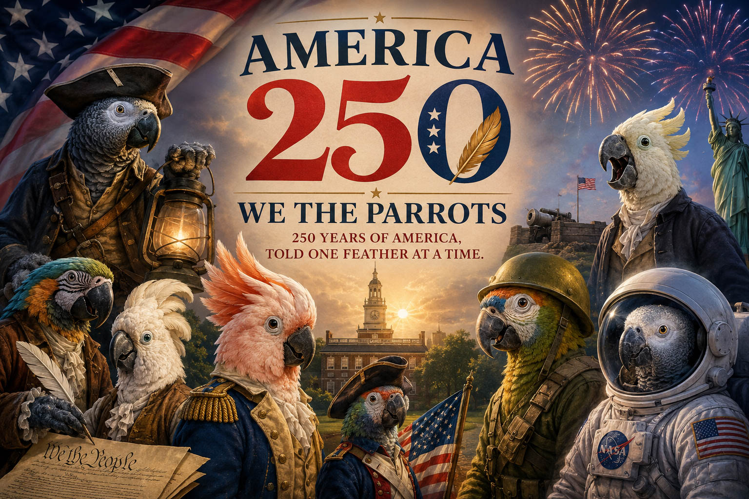 America 250, We the Parrots Patriotic Tribute Featuring Historic and American Iconic Parrots
