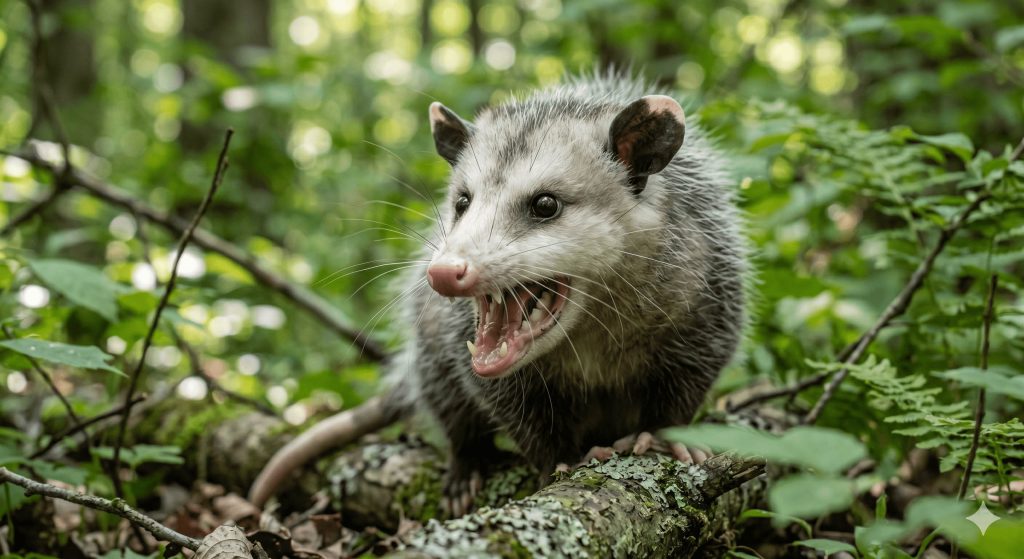 Baby Virginia Opossum Showing Defensive Display in Forest Habitat