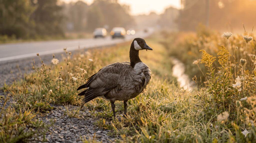 Canada Goose Near Roadway at Sunrise After Vehicle Strike Risk