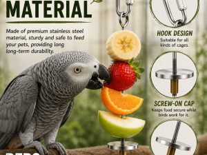Stainless Steel Bird Food Skewer Close-Up, Premium Parrot Foraging Product Image