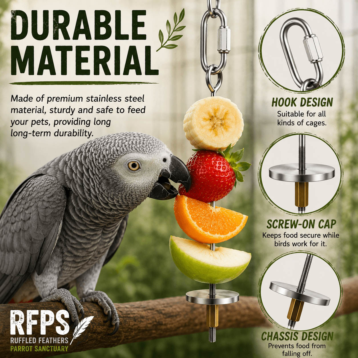 Stainless Steel Bird Food Skewer Close-Up, Premium Parrot Foraging Product Image