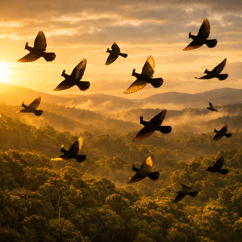 Topknot Pigeons Flying Over the Australian Rainforest at Sunrise Topknot Pigeons Flying Over the Australian Rainforest at Sunrise