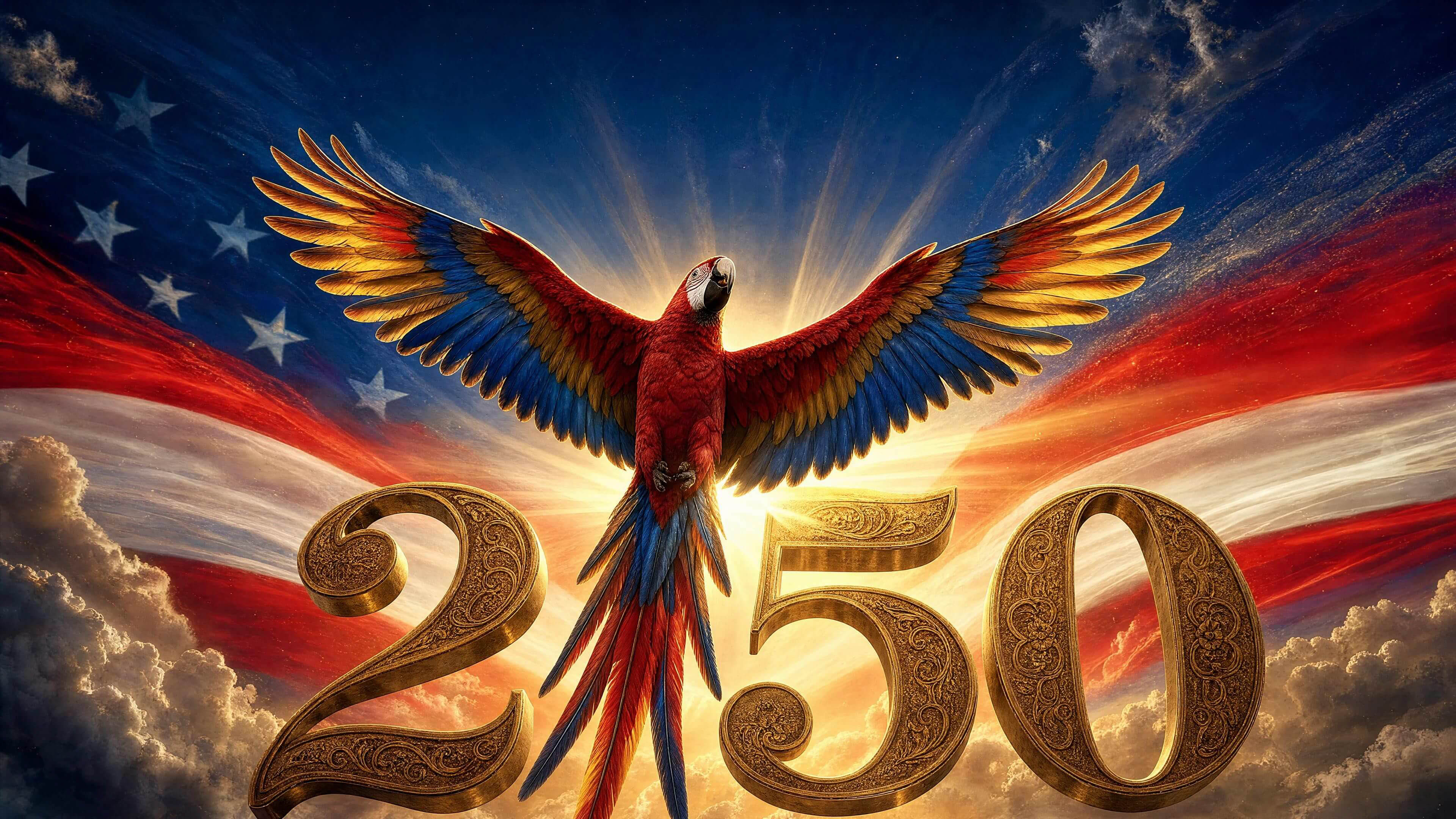 We the Parrots title card, a parrot soaring against red white and blue with a golden 250.