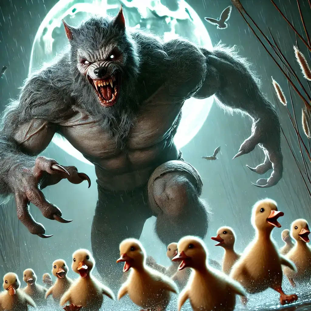 Werewolf Chasing Ducklings Under a Full Moon, Fantasy Horror Illustration Werewolf Chasing Ducklings Under a Full Moon, Fantasy Horror Illustration