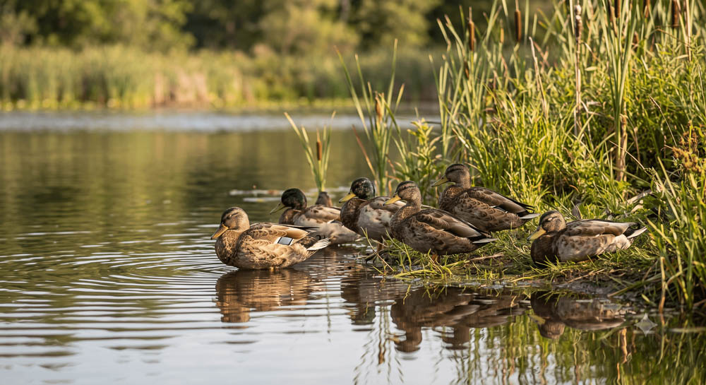 Mallard Ducks Resting Along a Wetland Shoreline