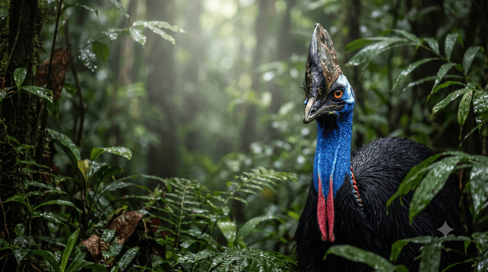 Southern Cassowary Standing in Tropical Rainforest
