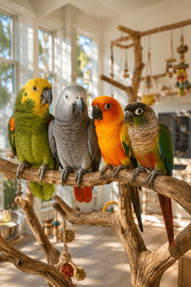 Companion Parrots Perched Together in a Bright Enrichment Room
