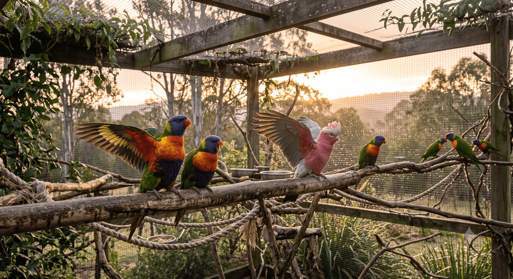 Rainbow Lorikeets and Galah in a Sunset Flight Aviary