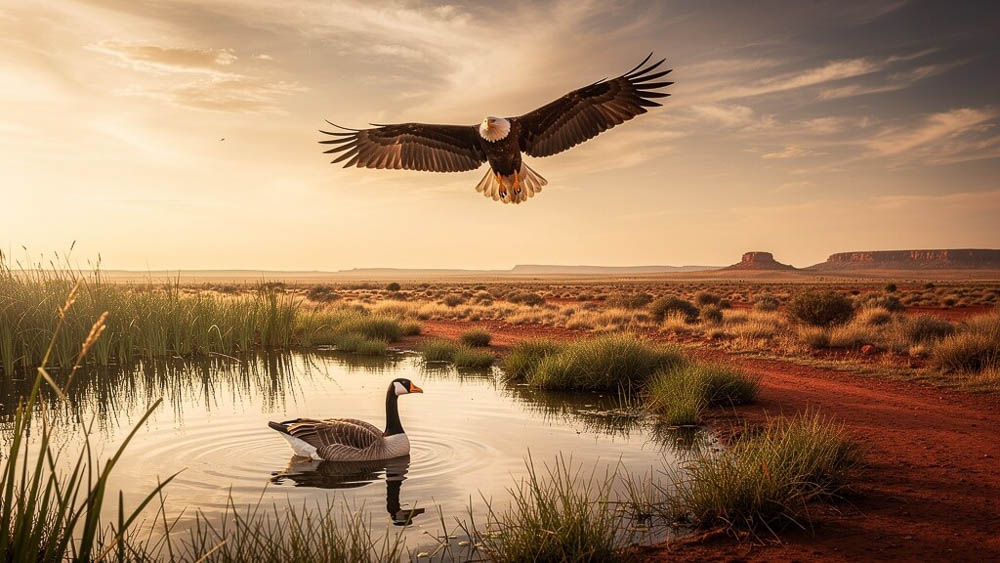 A bald eagle flies over a quiet wetland at sunrise while a Canada goose swims in the water below, surrounded by marsh grasses and an open landscape.