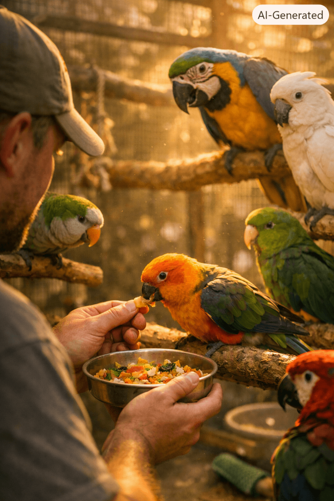 Hand Feeding Rescued Parrots During Evening Aviary Care