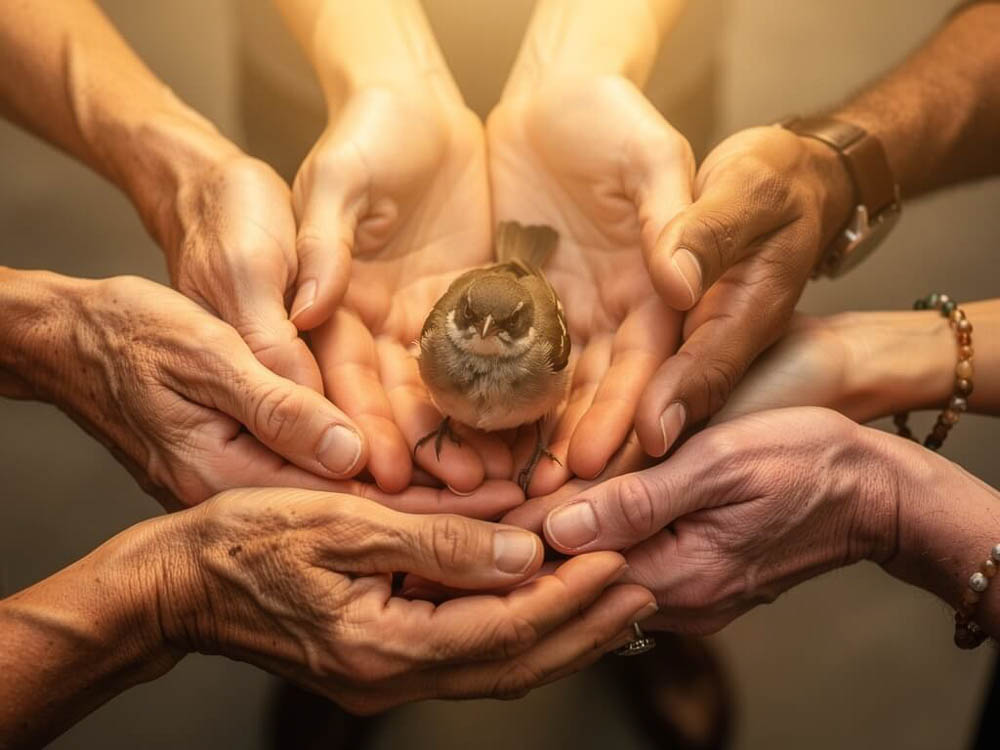 Helping Hands United Around a Rescued Songbird