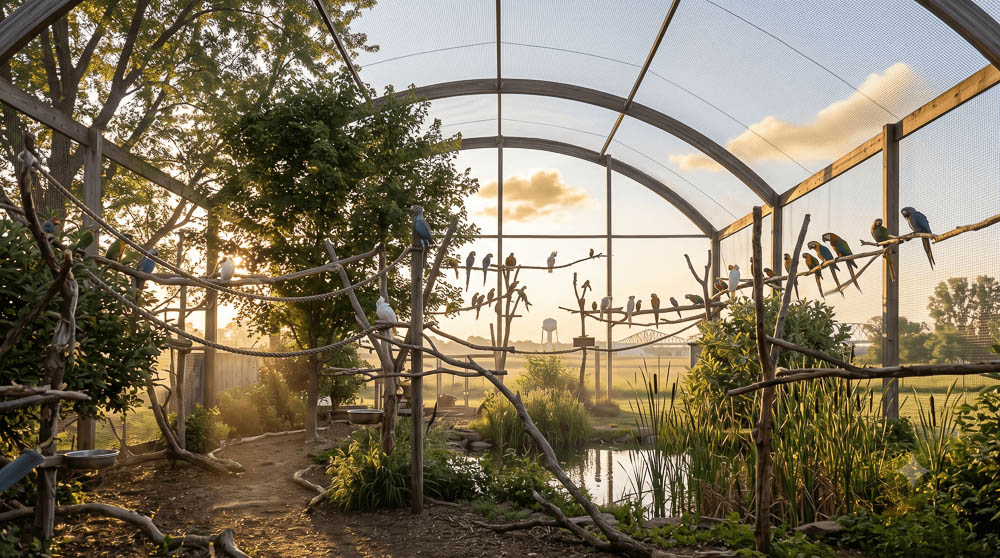 Sunrise over a naturalized mixed species flight aviary