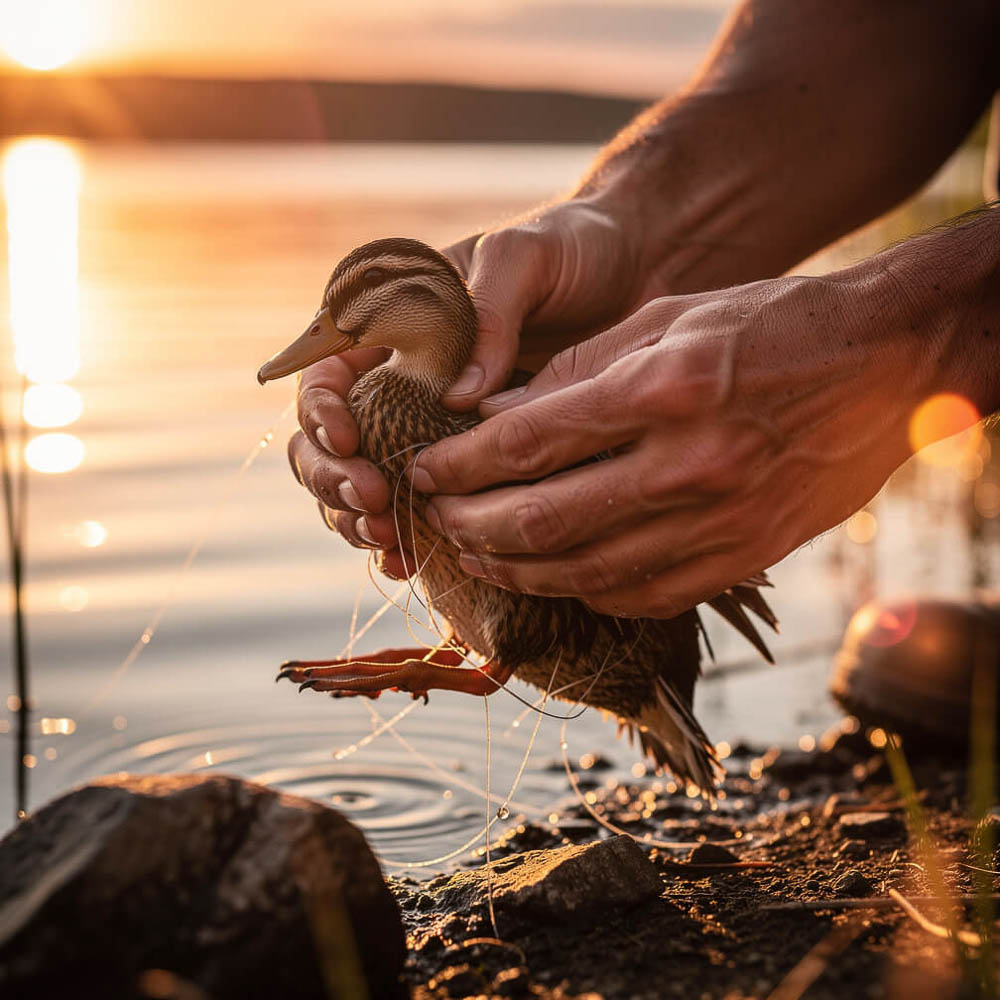 Rescuing a Mallard Duck from Fishing Line Entanglement at Sunset