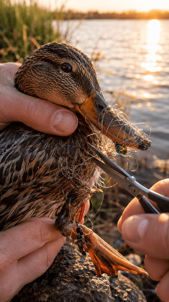Mallard Duck Fishing Line Rescue at Sunset