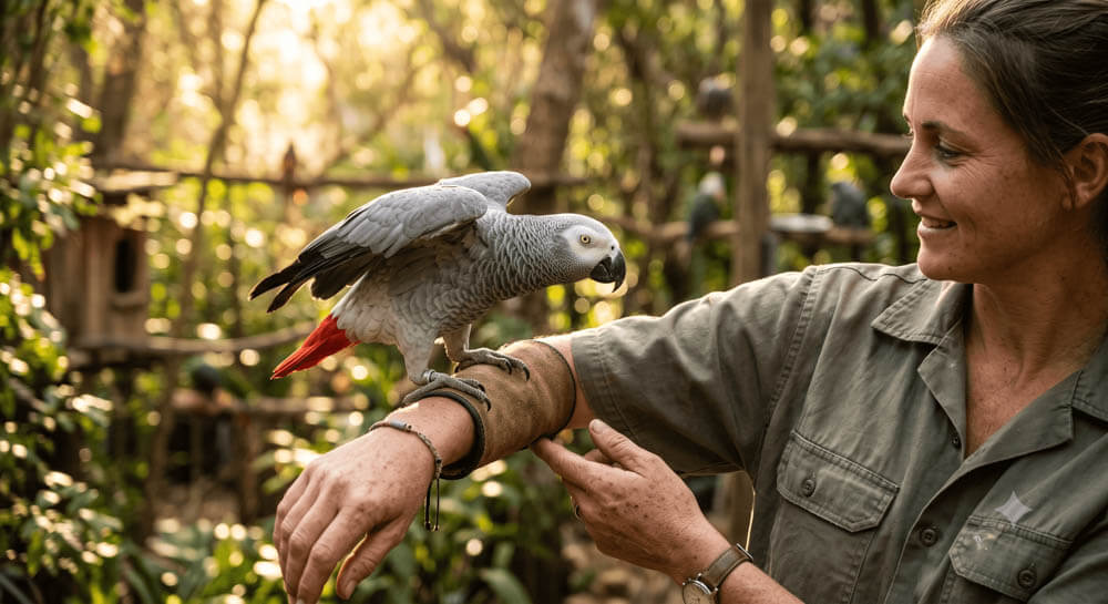 African Grey Parrot Building Trust with a Caregiver