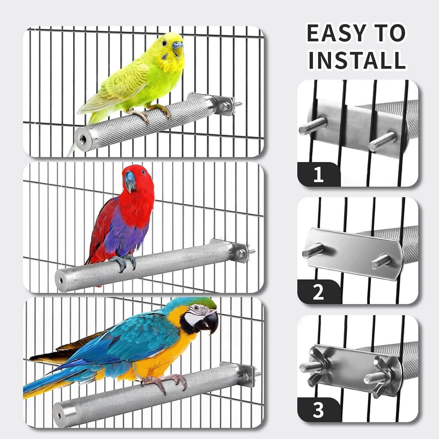 Stainless Steel Parrot Perch Installation Guide and Size Comparison