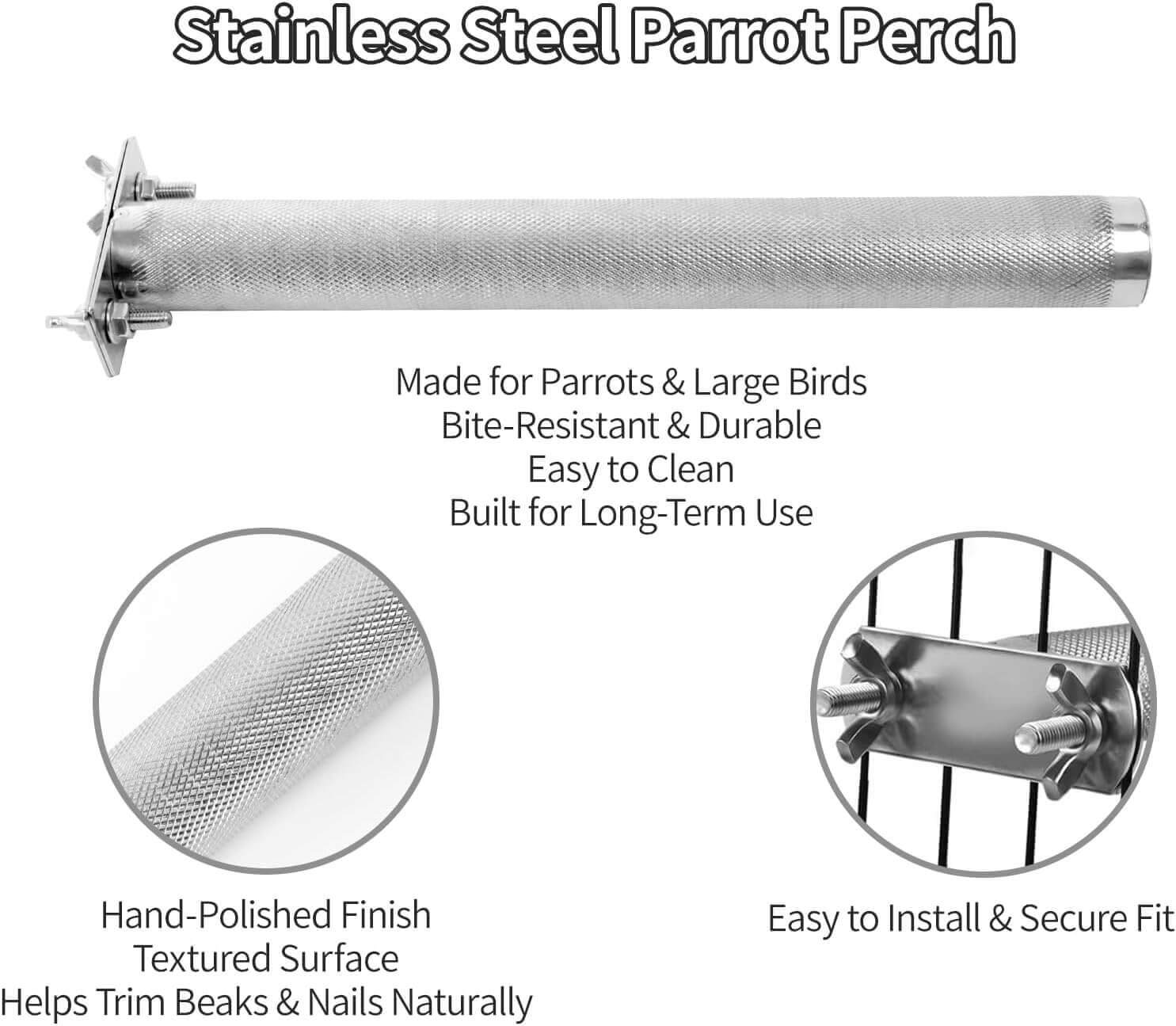 Stainless Steel Textured Parrot Perch for Large Birds