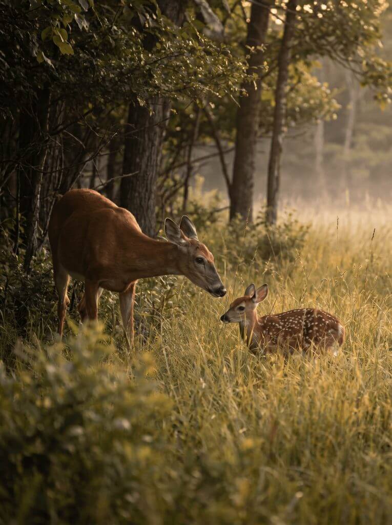 White-Tailed Doe and Fawn in Morning Meadow White-Tailed Doe and Fawn in Morning Meadow