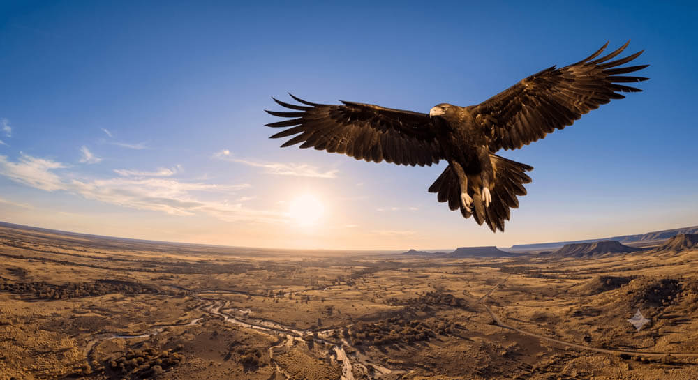 Golden Eagle Soaring Above Canyon Landscape at Sunrise