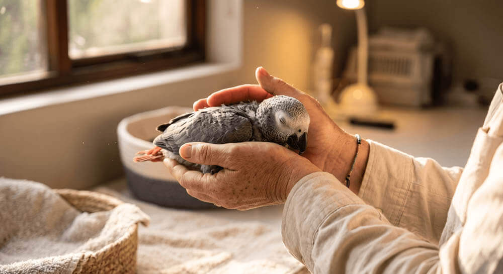 Resting African Grey Parrot Receiving Gentle Comfort