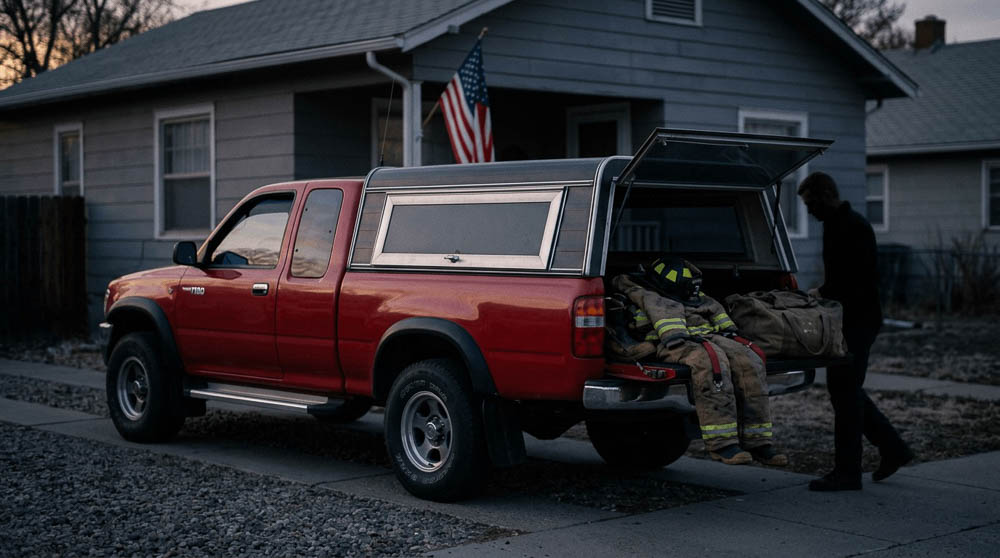 Firefighter Gear in Red Truck Bed Firefighter Gear in Red Truck Bed