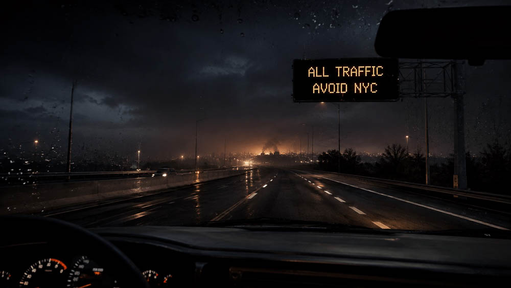 Nighttime Highway with Traffic Warning Sign Nighttime Highway with Traffic Warning Sign