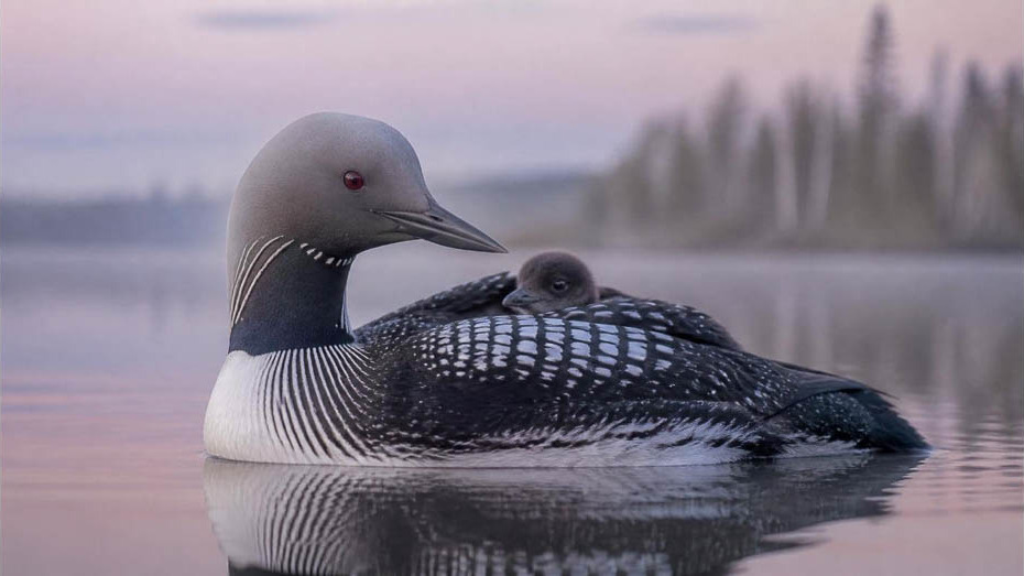 An adult Arctic Loon swims on pink dawn-lit water with a downy gray chick riding on its back between its wings.