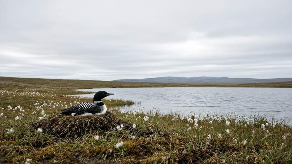 A loon sitting on a low nest mound of grass and moss at the edge of a wide tundra lake under an overcast sky, cottongrass in the foreground.
