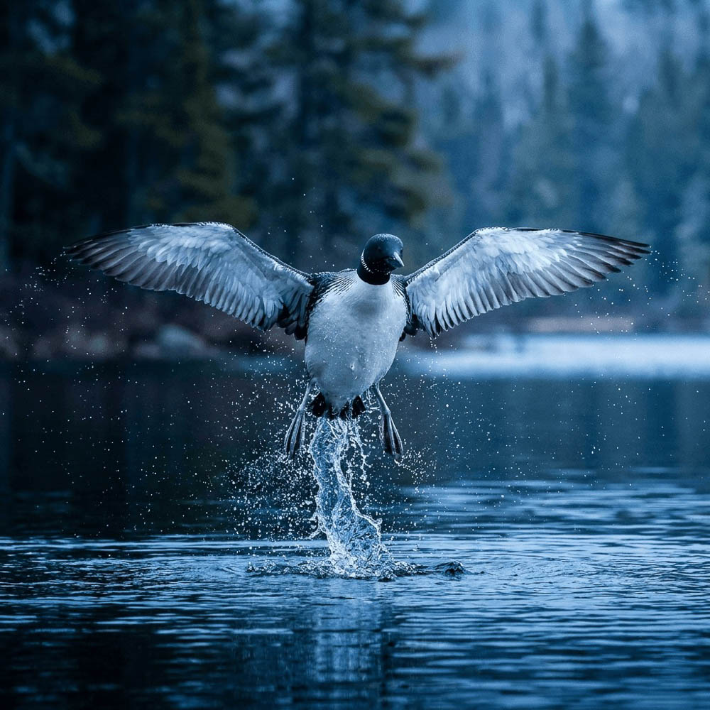 A loon running across the water surface with wings beating as it takes off.