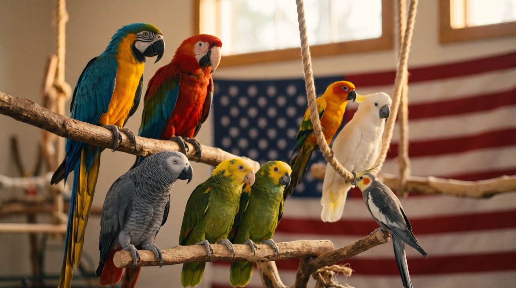 Colorful Parrots on Perches Colorful Parrots on Perches