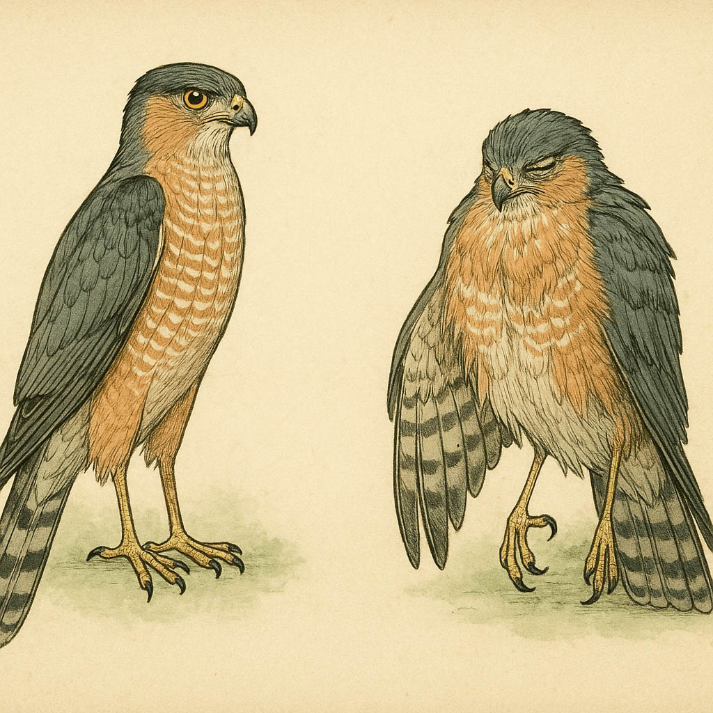 Vintage-style illustration of two Cooper's hawks, one standing alert and one hunched with its eyes closed.