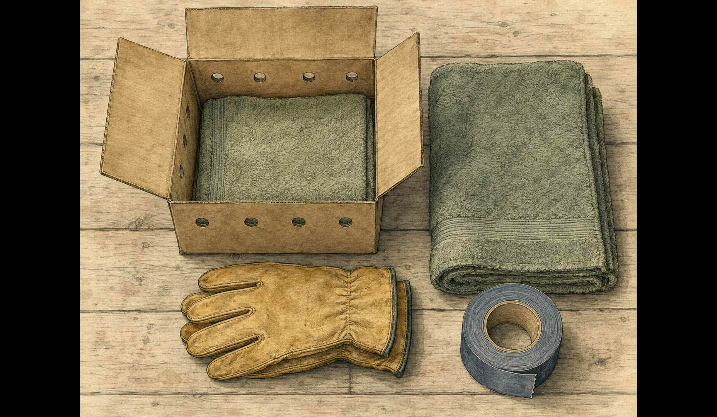 An essential rescue kit for safely handling an injured bird.