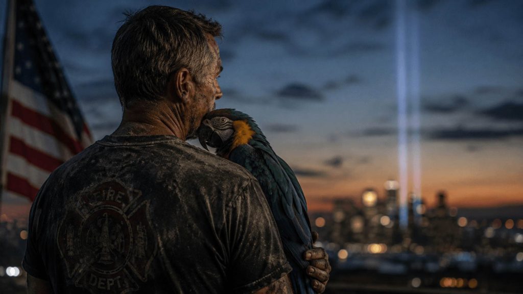 Firefighter with Blue-and-Yellow Macaw at Dusk