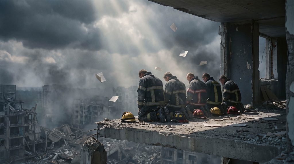 Firefighters Reflect Amidst Ruins Firefighters Reflect Amidst Ruins