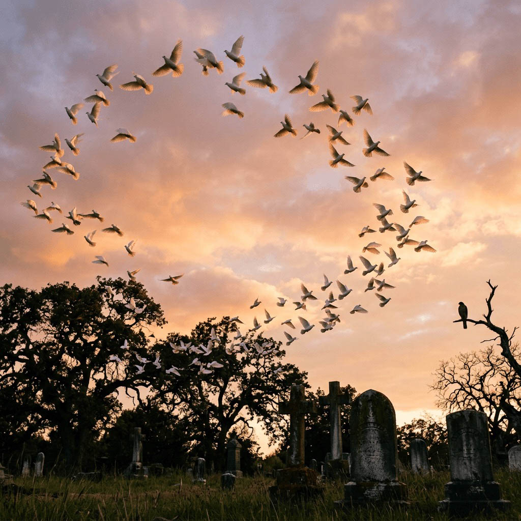 A large flock of white birds circling over a cemetery at sunset.