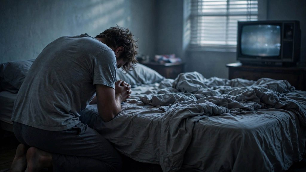 Man Kneeling in a Dimly Lit Bedroom Man Kneeling in a Dimly Lit Bedroom