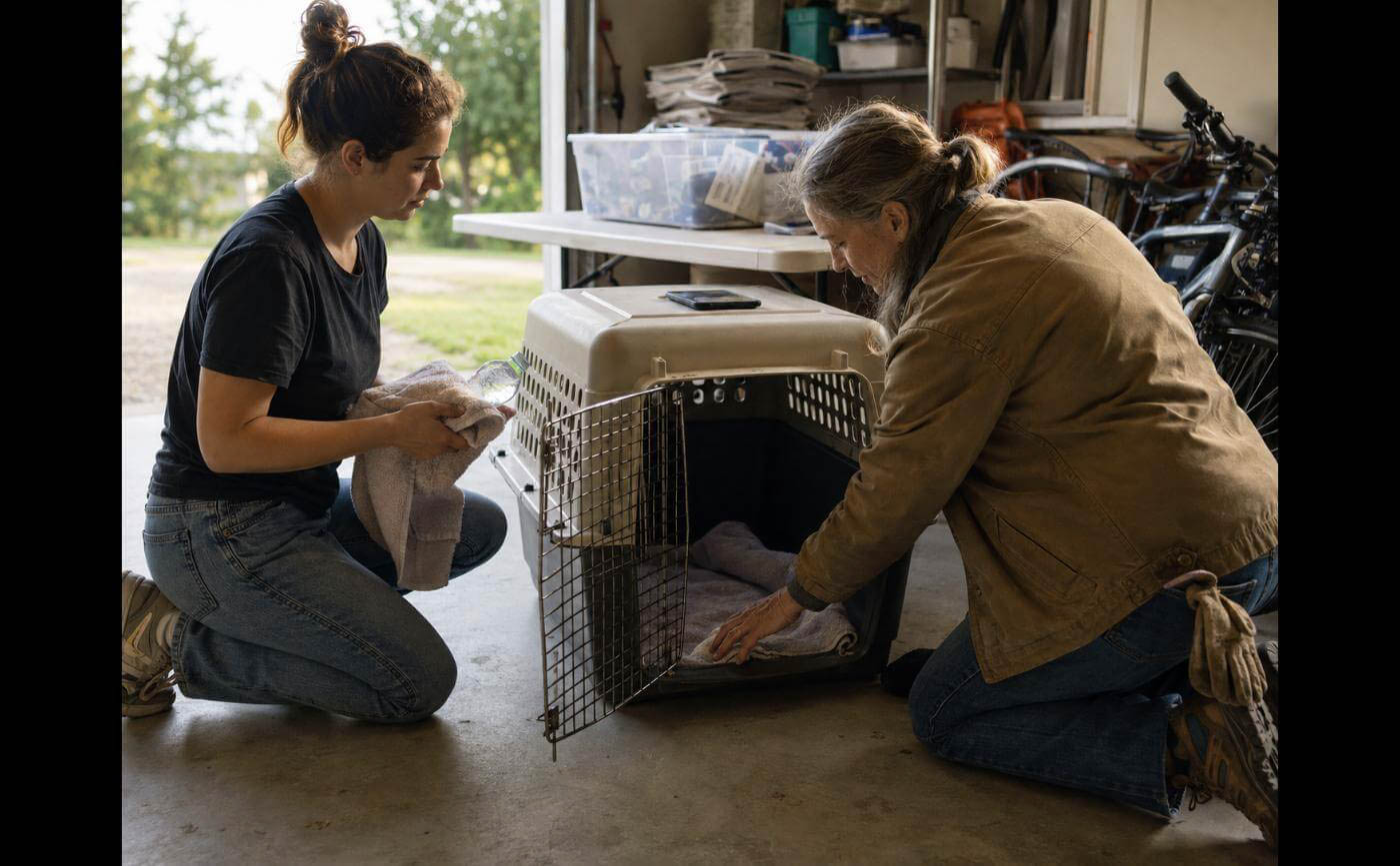 Ruffled Feathers wildlife rescue volunteers in Louisville preparing a transport crate for an injured animal.