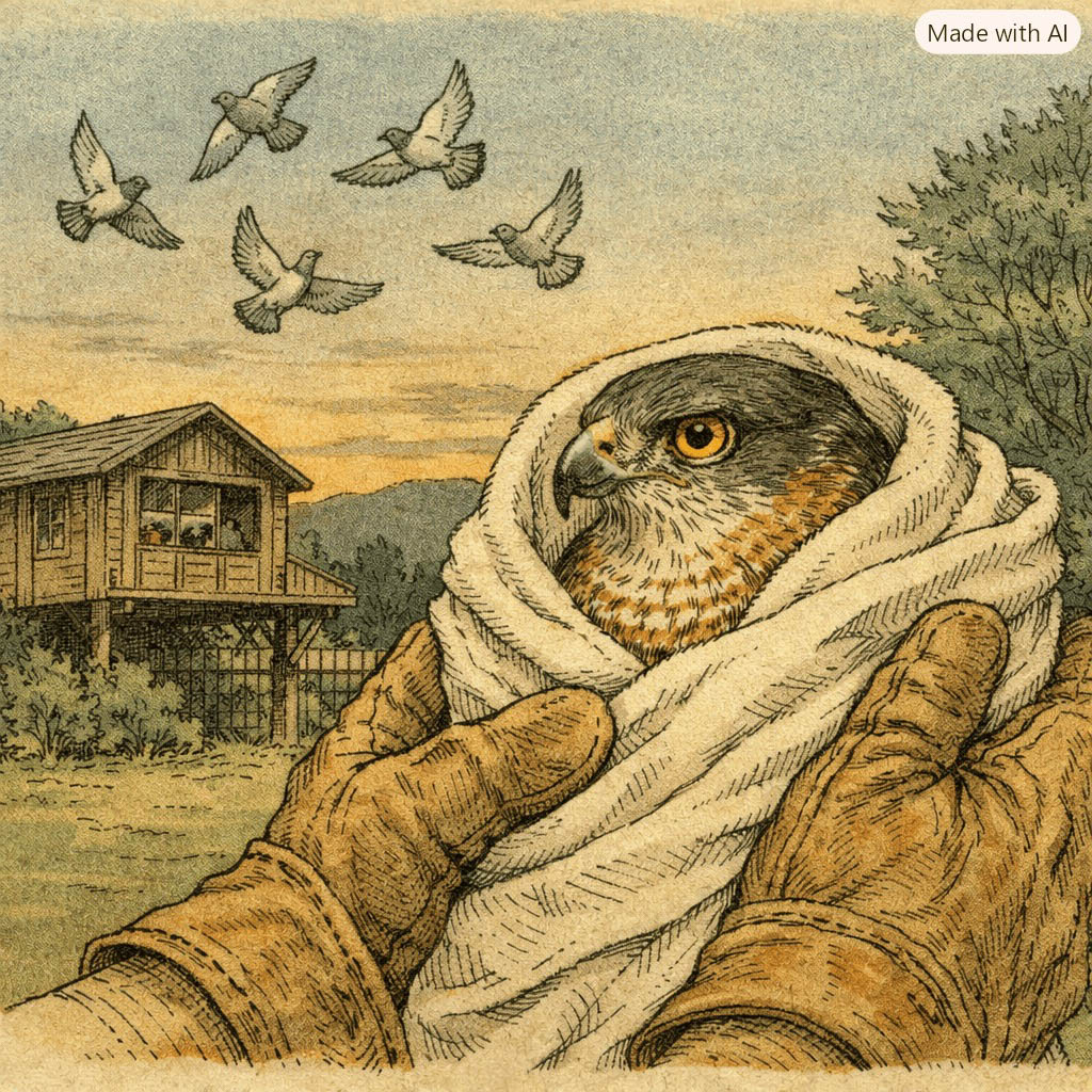A rescued hawk wrapped in a blanket after being brought in.