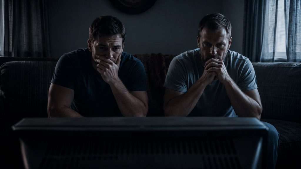 Two Men Watching Television Intently Two Men Watching Television Intently