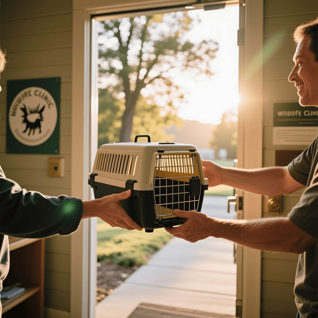 An animal being transferred into the care of a wildlife clinic.