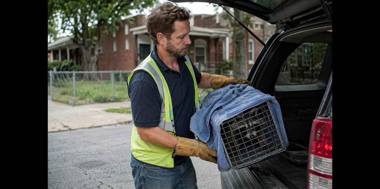 A wildlife rescue volunteer in Louisville loads a covered trap holding an injured raccoon into a vehicle for transport.