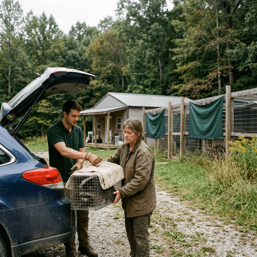 Arrival at Broadbent Wildlife Sanctuary in Kentucky, where the injured raccoon was handed off for rehabilitation.
