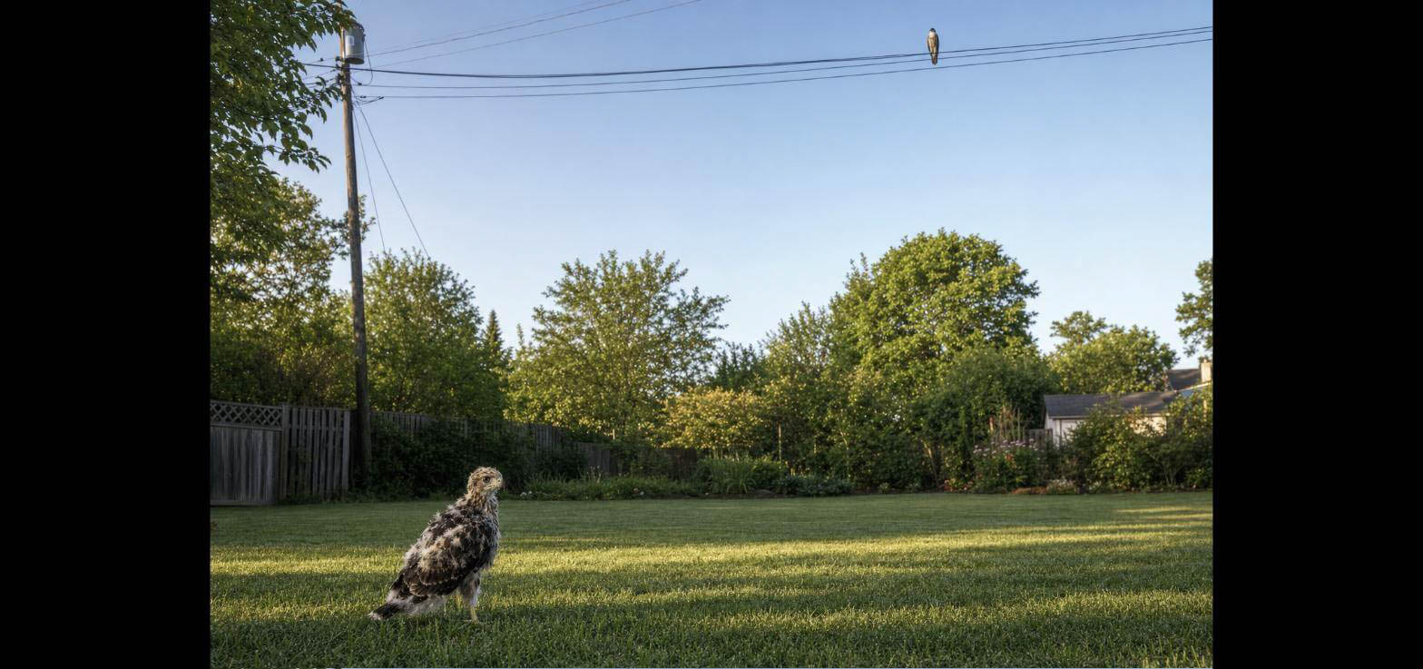 A young hawk standing on a lawn, looking up at an adult hawk perched on a power line overhead.