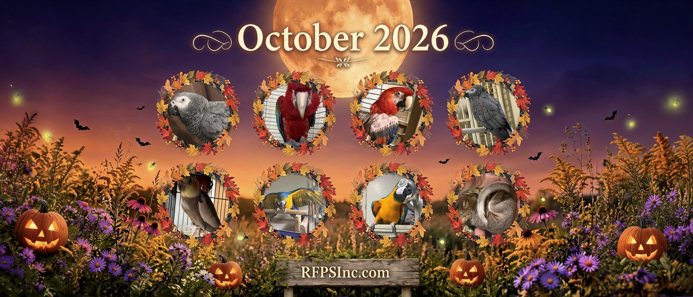Ruffled Feathers Parrot Sanctuary October 2026 page header with eight sanctuary birds and a baby squirrel in autumn leaf wreaths under a harvest moon