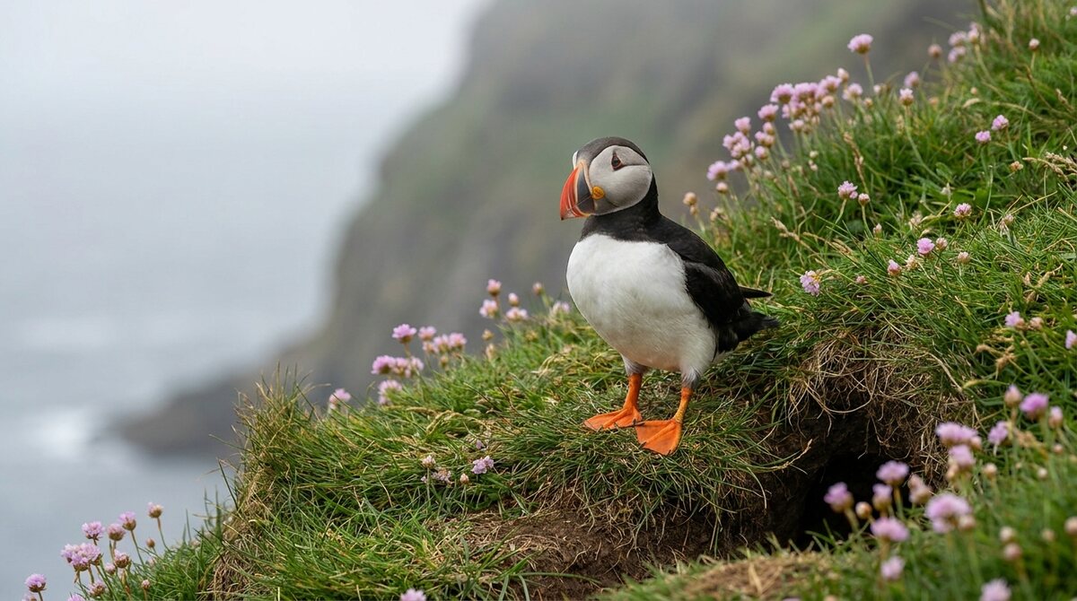 Illustration of an Atlantic Puffin at a clifftop burrow