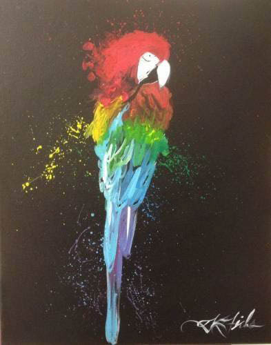 Parrot artwork standing in for Tara's work in the aviary
