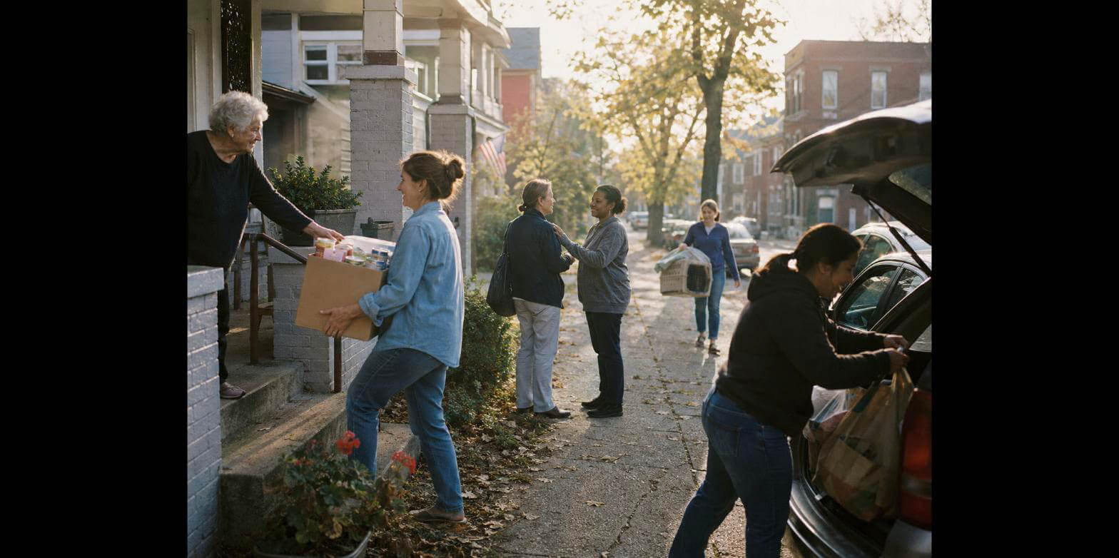 Volunteers carrying boxes of groceries from a car up to a neighbor's porch during a community food drive.