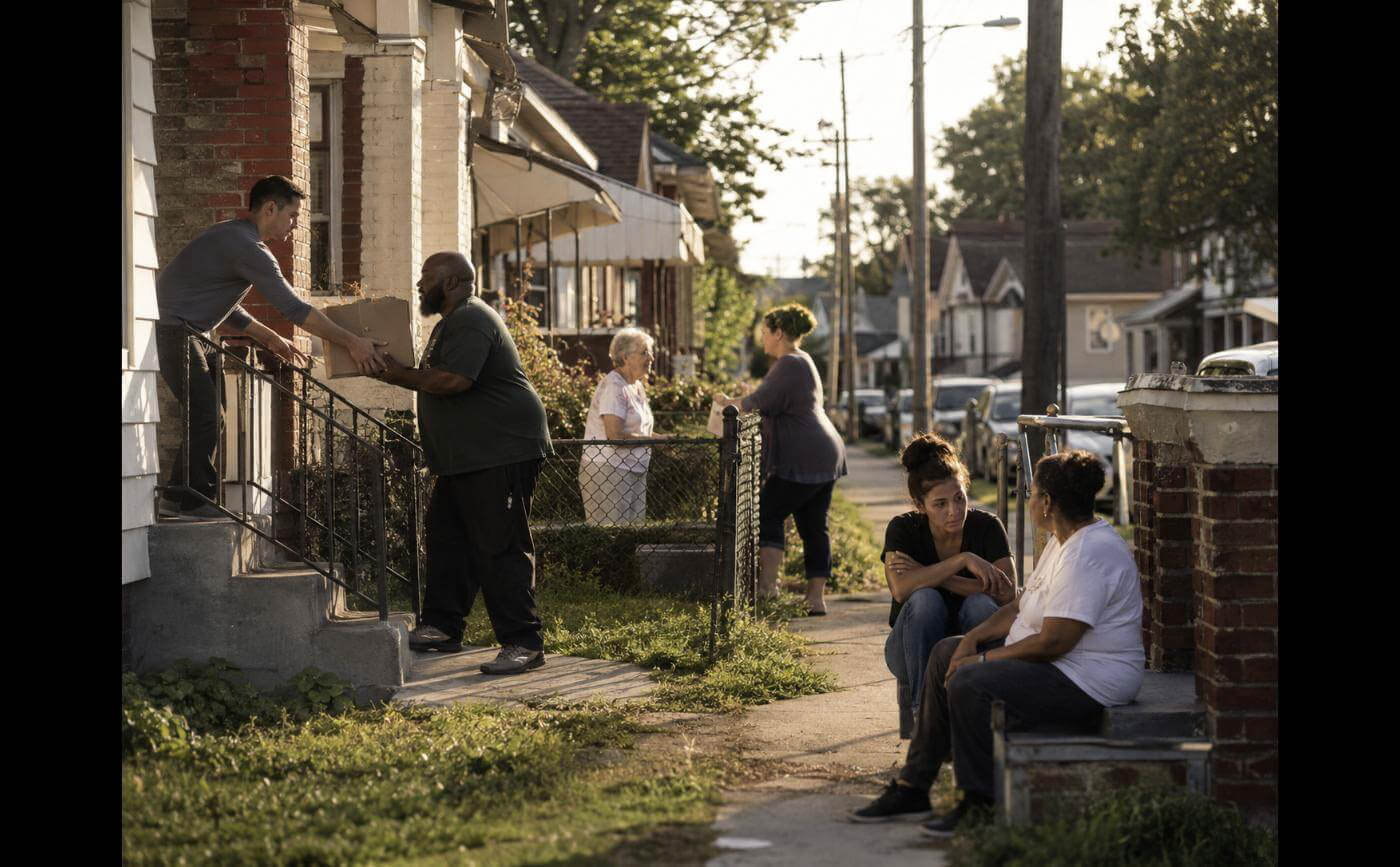 Neighbors talking on porches and sidewalks along a residential street in the late afternoon, one man handing a box to another.